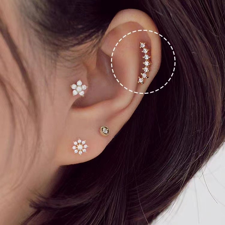 4pcs CZ Pave Gold Curved Bar Ear Posts, Real Gold Plated Brass Stick Stud Earrings (#GB-3353)